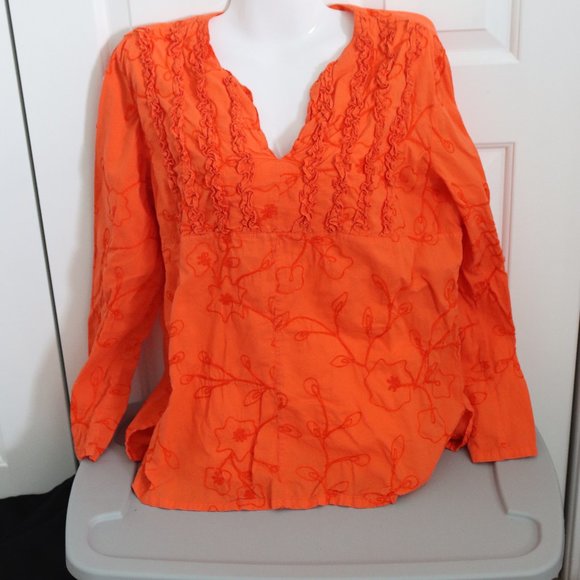 Beautiful Sandy Starkman Orange embroidered ruffled tunic top lightweight XL - Picture 1 of 11